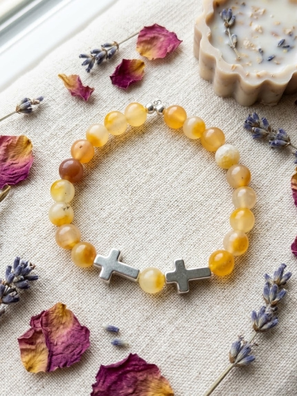 Handmade Yellow Agate Beaded Bracelet with Cross Accent 6.5 In. Stretch